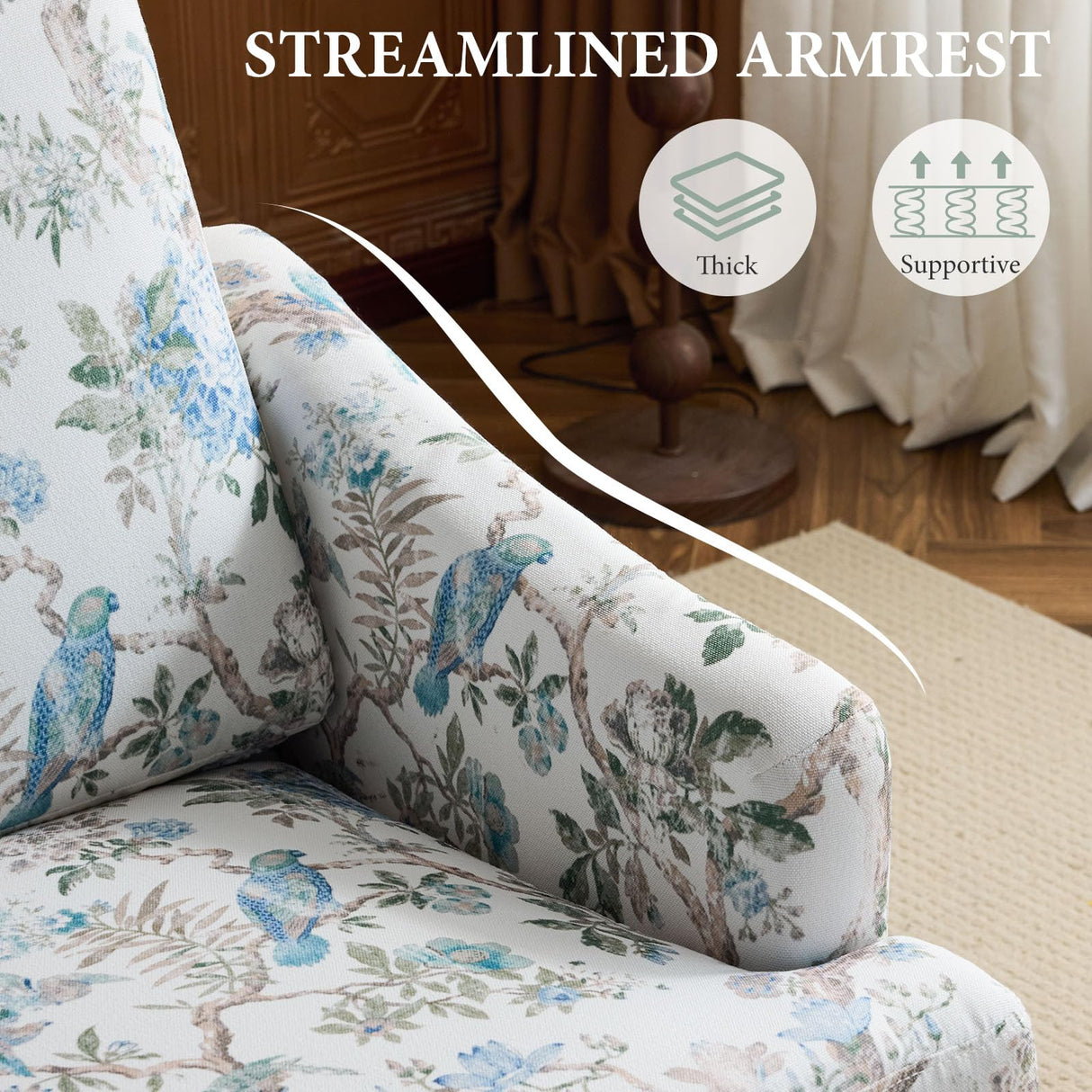 Bezseller Floral Accent Chair, Upholstered Reading Armchair with Wood Legs, Mid-Century Leisure Comfy Single Sofa Chair for Living Room, Bedroom, Home, Office, White Floral Bezseller