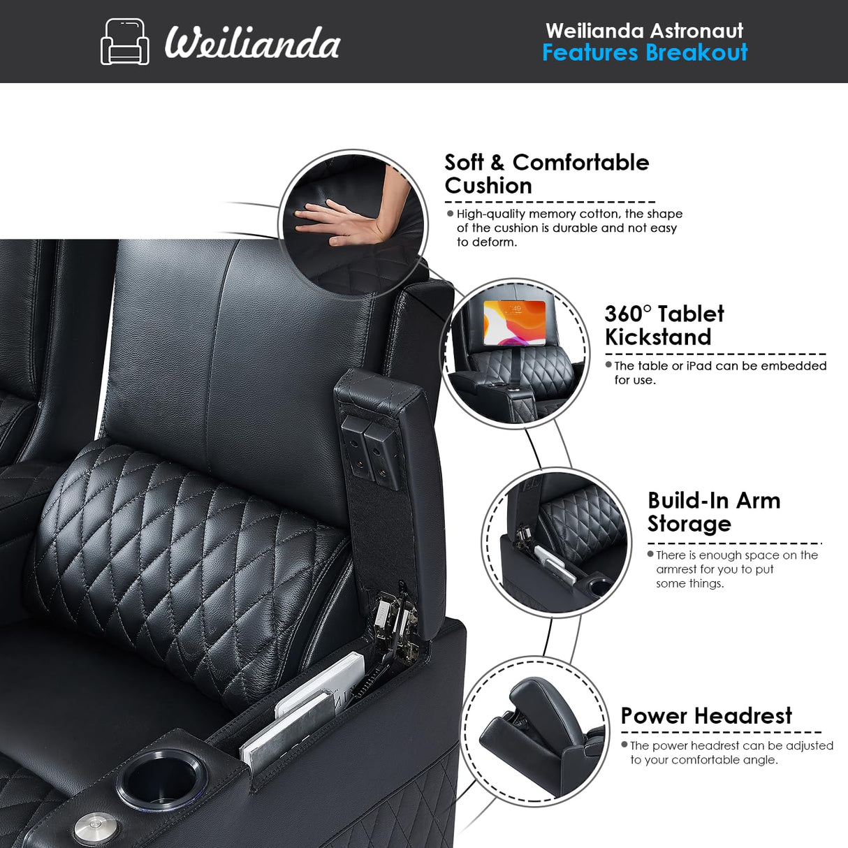 Weilianda Astronaut Zero Gravity Home Theater Seating Top Grain Leather Recliner Sofa Power Headrest Footrest with Carbon Fiber Tray Table, Tablet Stand, Cup Holders Row of 4 Loveseat Middle Black Weilianda