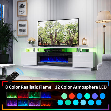AMERLIFE Fireplace TV Stand with 40" Fireplace, 80" Modern High Gloss Fireplace Entertainment Center LED Lights, 2 Tier TV Console Cabinet for TVs Up to 90", Ivory White AMERLIFE