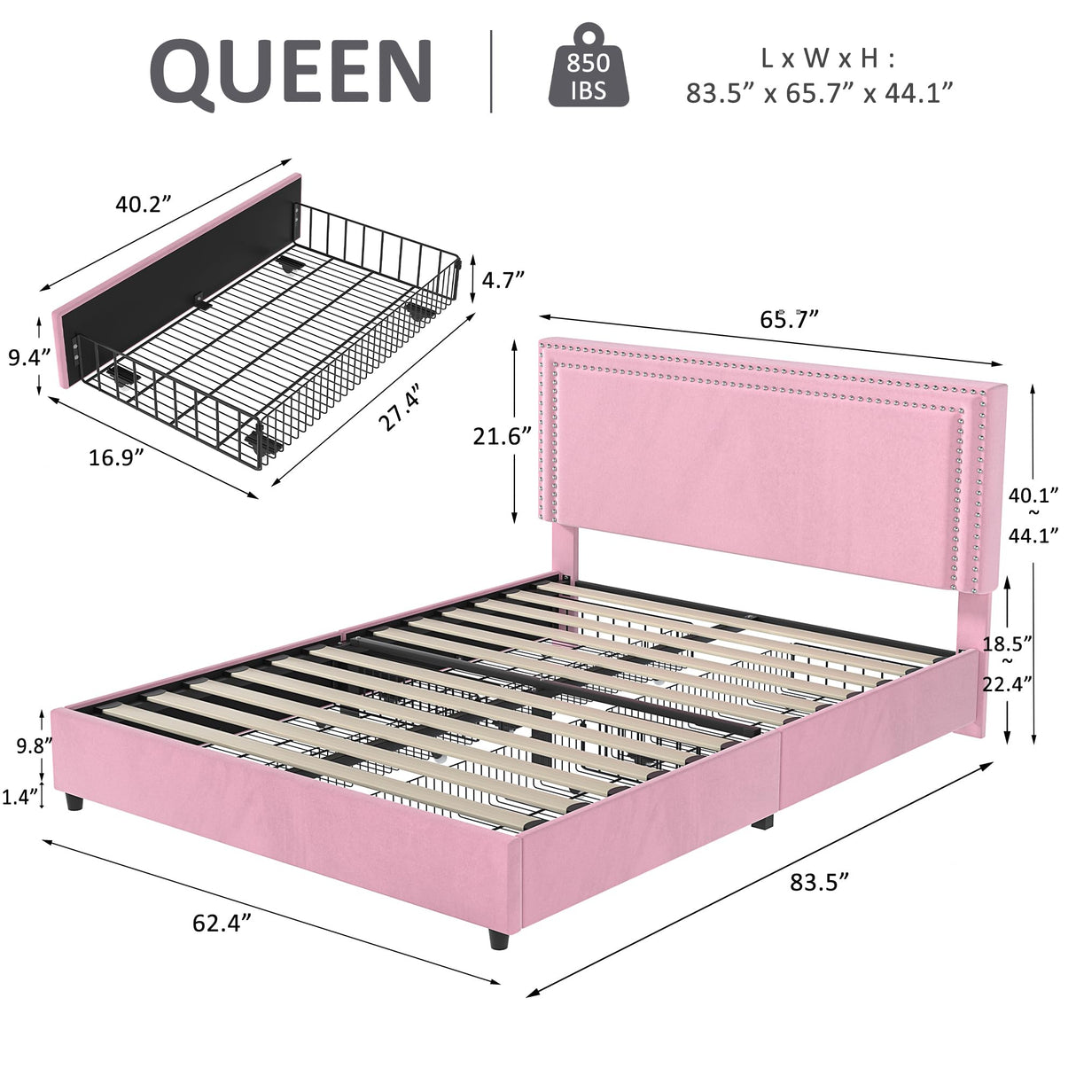 VECELO Queen Size Upholstered Platform Bed Frame with 4 Storage Drawers, Adjustable Velvet Rivets Headboard, Wooden Slats Support, No Box Spring Needed, Easy Assembly VECELO
