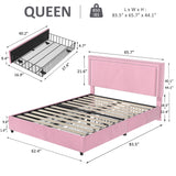 VECELO Queen Size Upholstered Platform Bed Frame with 4 Storage Drawers, Adjustable Velvet Rivets Headboard, Wooden Slats Support, No Box Spring Needed, Easy Assembly VECELO