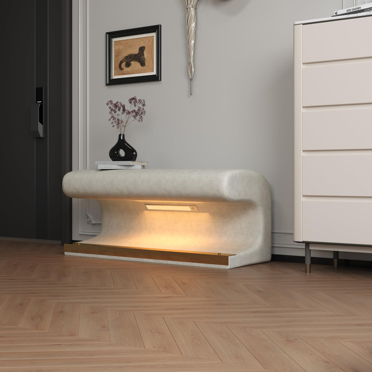 Polibi Modern Entryway Bench with LED Sensor Light – Leather Upholstered Ottoman for Living Room, Bedroom, End of Bed – Multi-Functional Seat & Stylish Home Decor (Beige) Polibi