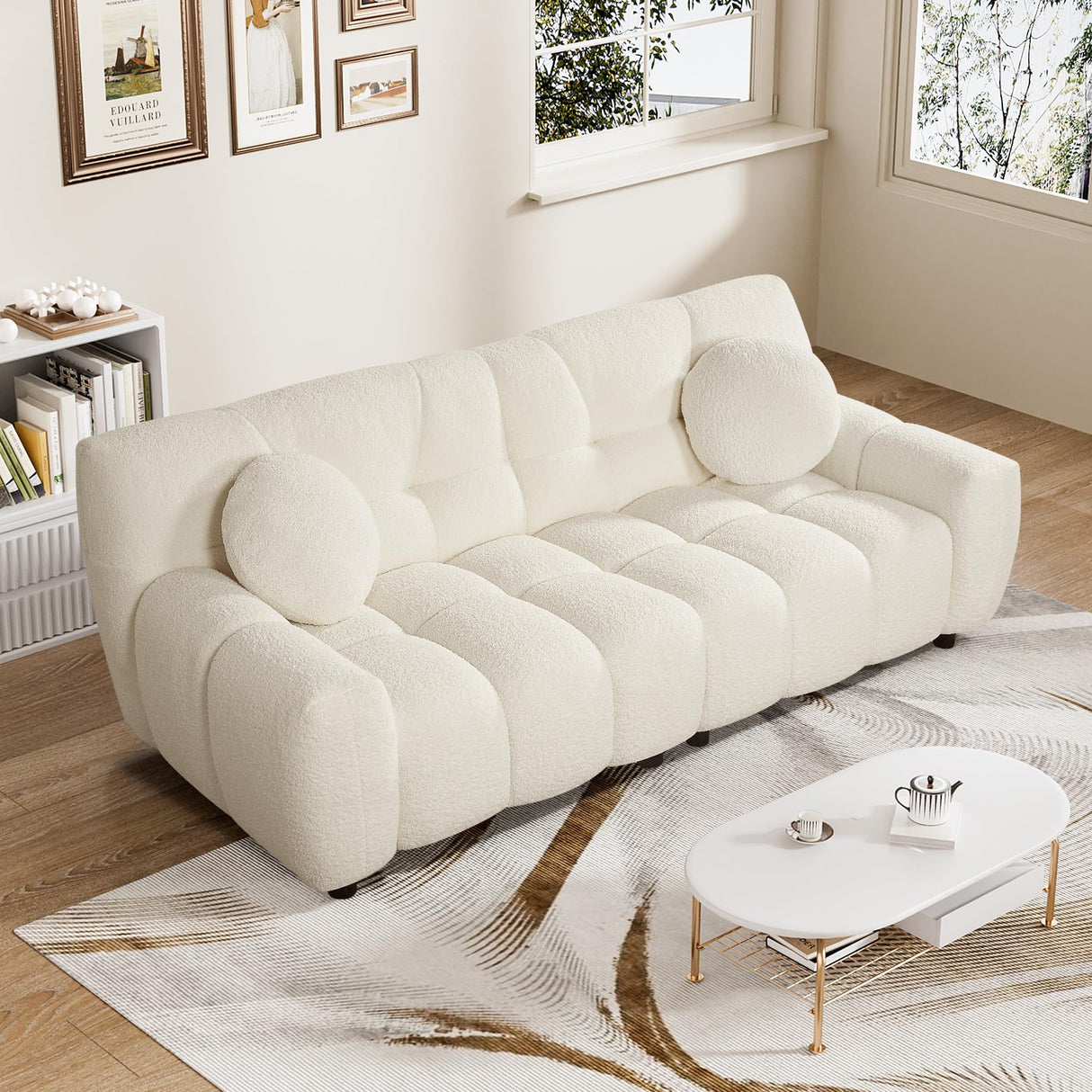 Nolohoo Boucle Cloud Sofa Couch, Comfy Deep Seat Sherpa Couch, 72.8" Upholstered Cozy Teddy 2 Seat Marshmallow Couch with 2 Pillows, Oversized Loveseat Sofa for Living Room, Bedroom, Cream White Nolohoo