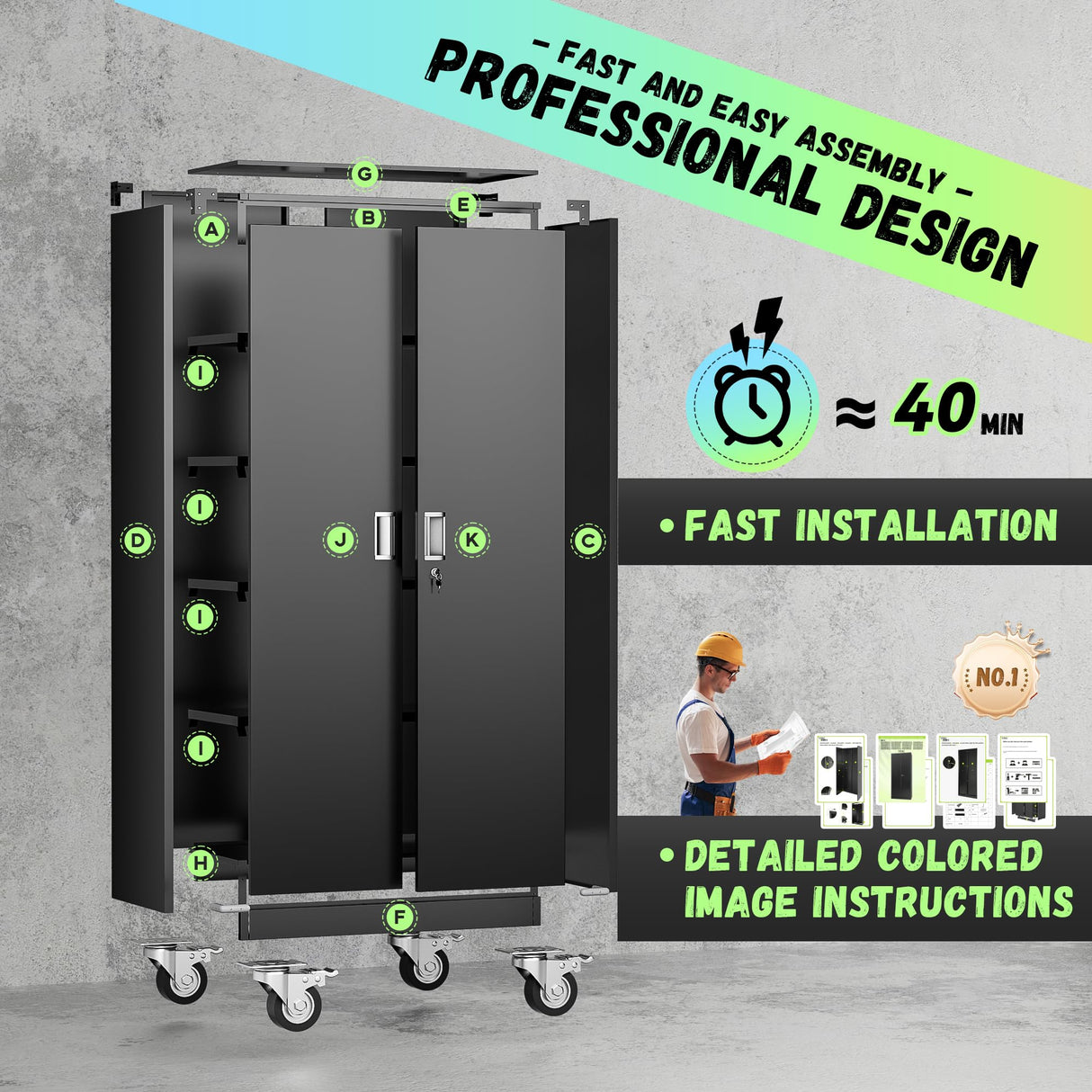 INTERGREAT Metal Storage Cabinet with Wheels, 75" Garage Storage Cabinets with Door and 4 Shelves, Tool Storage Locker on Caster for Home, Office, Black INTERGREAT