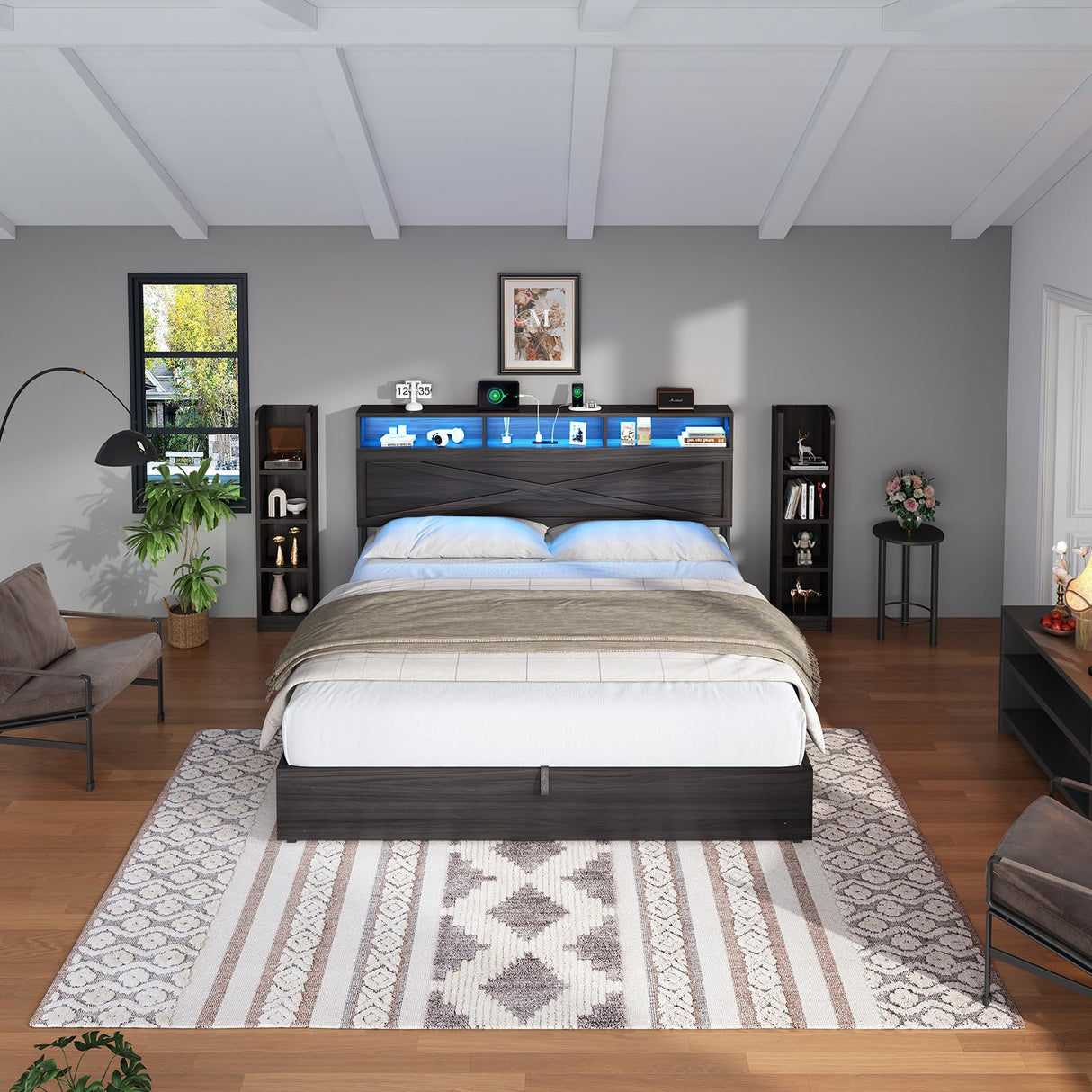 LUXOAK Full Size Lift Up Bed Frame with Bookcase Headboard & 2 Side Shelf, Farmhouse Storage Bed with LED Light and Charging Station, No Box Spring Needed, Noise-Free, Black Oak LUXOAK