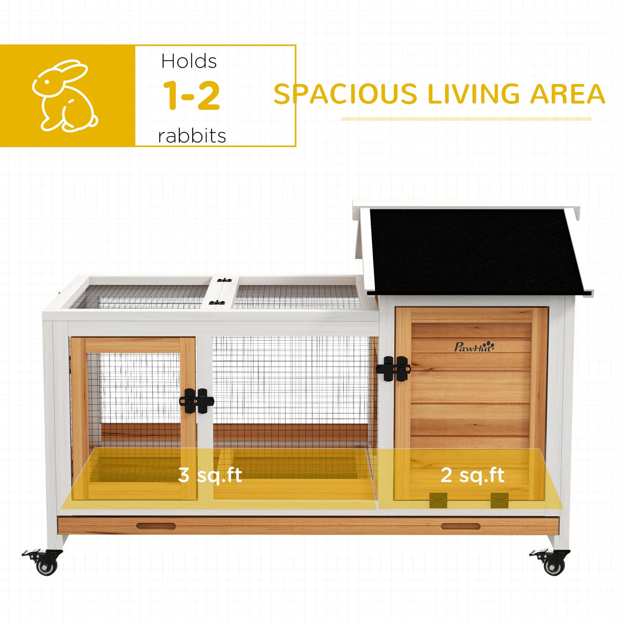 PawHut Indoor Outdoor Wooden Rabbit Hutch with Wheels, Large Bunny Hutch with Run & Slide-Out Tray for Small Animals, Guinea Pig, Yellow PawHut