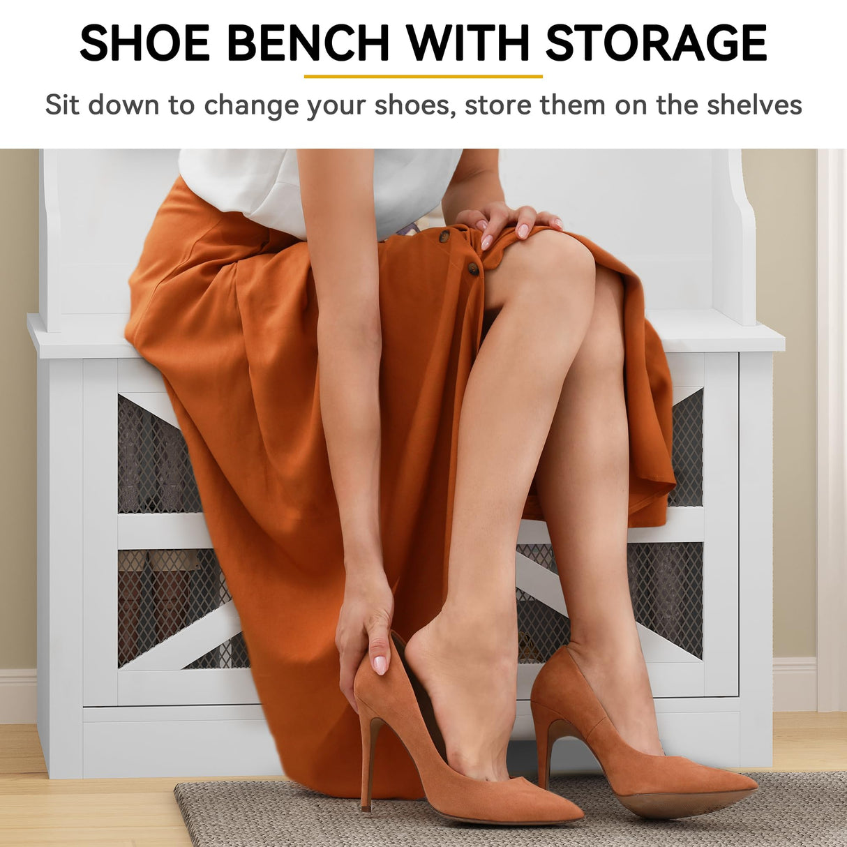 DWVO 42" Wide Hall Tree with Shoe Storage, Farmhouse Entryway Bench with Coat Rack, 10 Shoe Cubbies with Adjustable Shelves & 10 Coat Hooks, Shoe Storage Bench for Entryway Hallway (White) DWVO