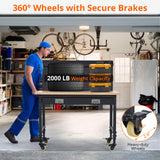 ACONEE 48" Workbench Heavy Duty, Adjustable Height Workstation with Drawer Storage, Backplate, 2000 LB Load Capacity, Multipurpose Rubber Wood Shop Table with Power Outlets, Hooks, Garage Storage ACONEE