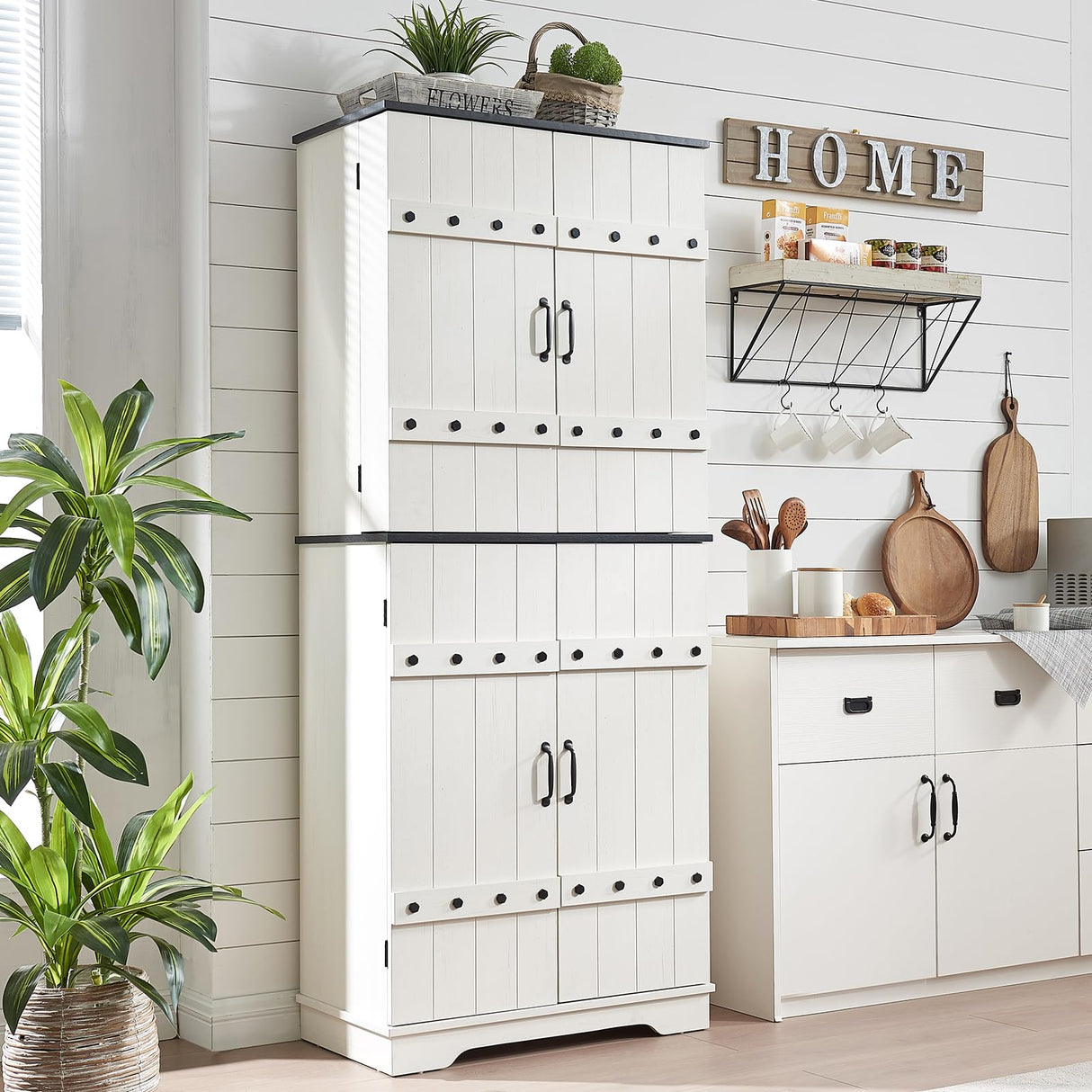 LUXOAK 72" Tall Farmhouse Kitchen Pantry with Rivet Barn Doors, Rustic Wood Cupboard Storage Cabinet/w Drawer & Adjustable Shelves for Dining Living Room, Bathroom & Hallway, Antique White LUXOAK