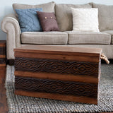 Household Essentials Decorative Trunk, Embossed Metal, Large, Chinese Fir Wood, Darkened Interior, Rope Handles, Flat and Fully Opening Lid, Handmade, Walnut and Almond Stain Household Essentials