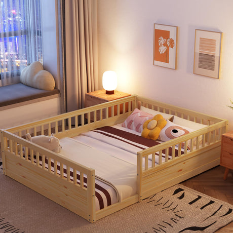 Natural Floor Bed, Full Size Montessori Bed with High Fence Railings, Wood Playhouse Bed with Rails for Baby Kids Boys Girls Teens, No Slats Included Mirightone