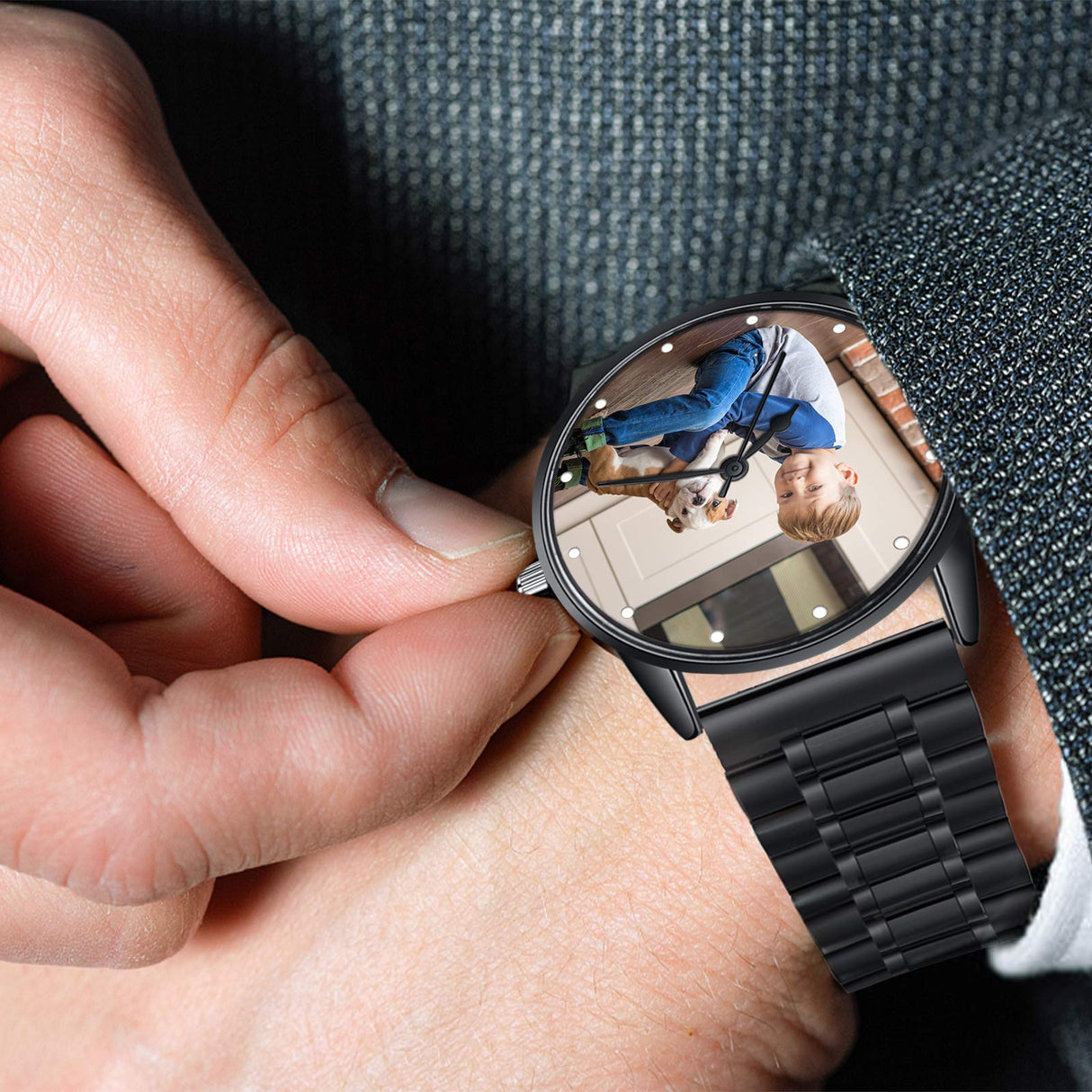 Gemszoo Custom Photo Watch Personalized Picture Stainless Steel Mesh Quartz Watch for Men (Black for Men) Gemszoo