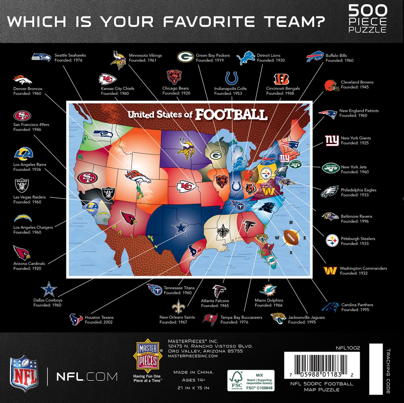 MasterPieces Sports Puzzle - All Teams 500 Piece Jigsaw Puzzle for Adults - NFL League Map Puzzle - 24"x18"