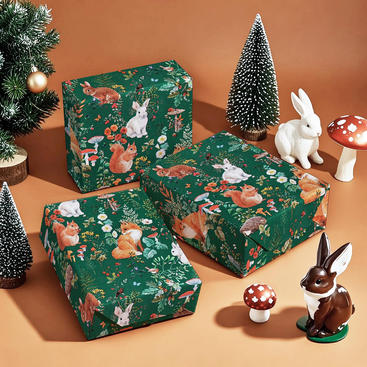 WRAPAHOLIC Kraft Forest Animal Christmas Wrapping Paper - Mini Roll - 17 Inch x 16.5 Feet - Forest Animals Fox Wrapping Paper with Flowers Design for Christmas Holiday, Party Celebration WRAPAHOLIC