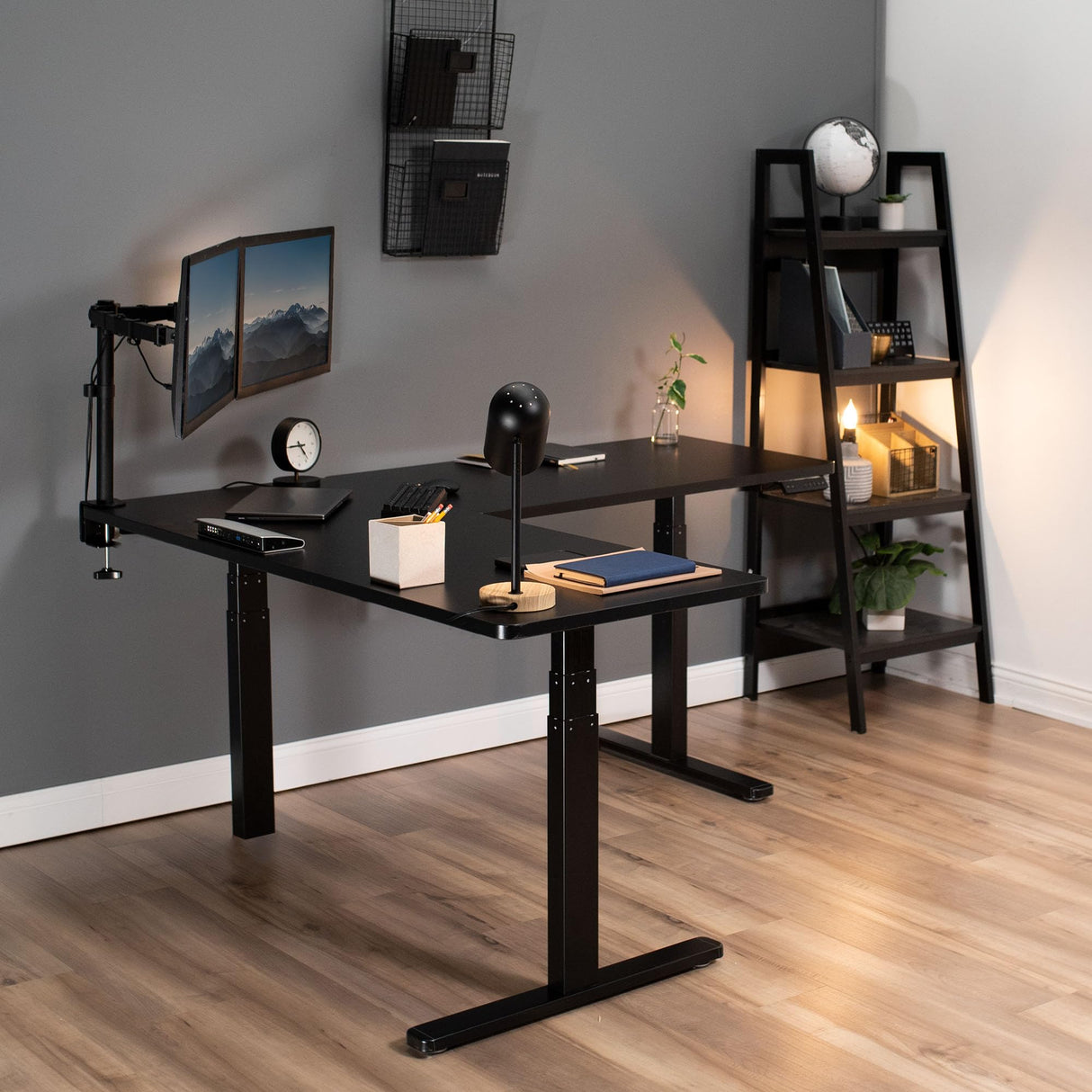 VIVO Electric Height Adjustable 67 x 60 inch Corner Stand Up Desk, 2 Black Solid Table Tops, Black Frame, Memory Controller, L-Shaped Workstation, 3E VIVO