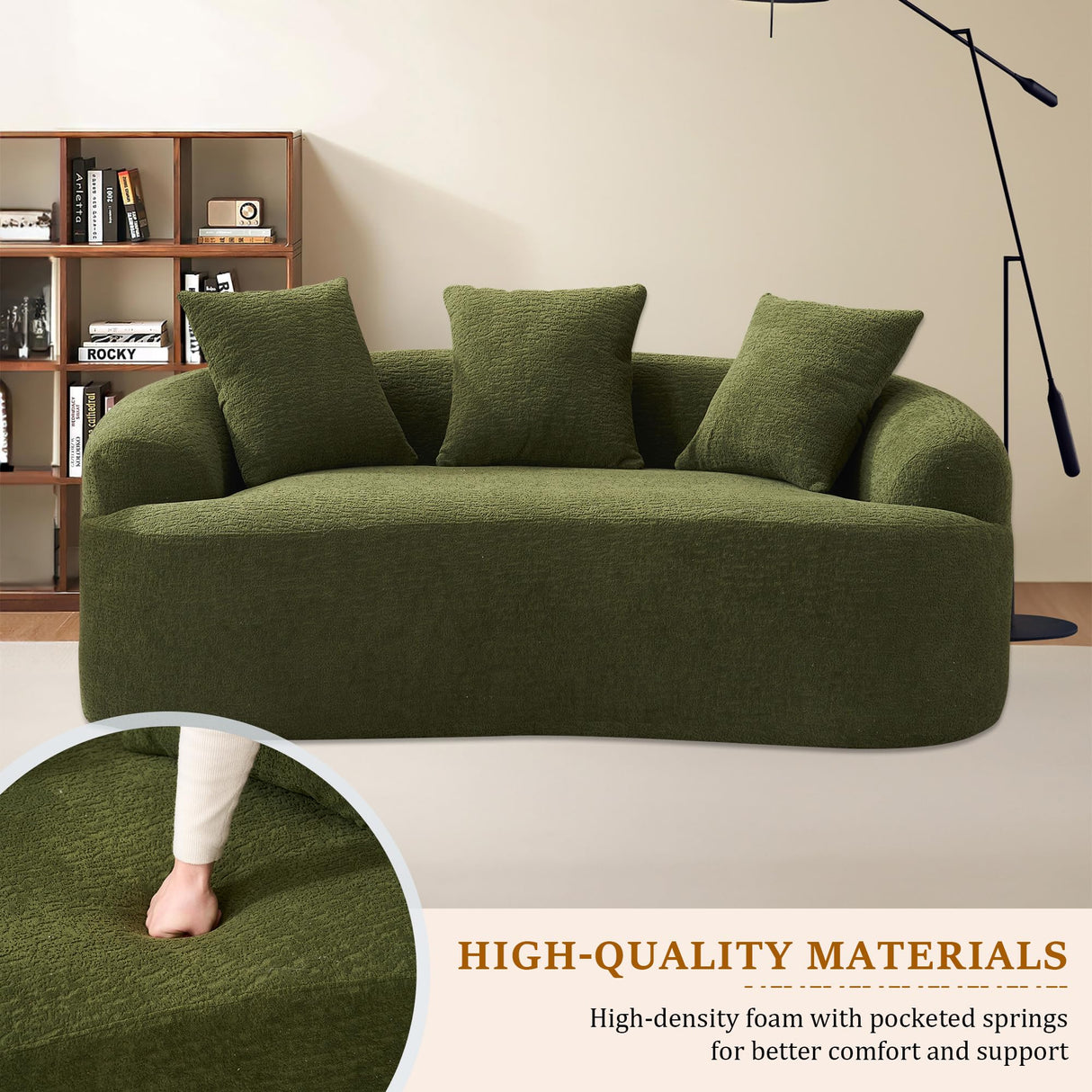 65'' Modern Curved Cloud Loveseat Sectional Sofa for Small Spaces, Luxury Plush Chenille Deep Seat Couch with 3 Pillows, No Assembly Needed Apartment Living Room Furniture, Green TTK