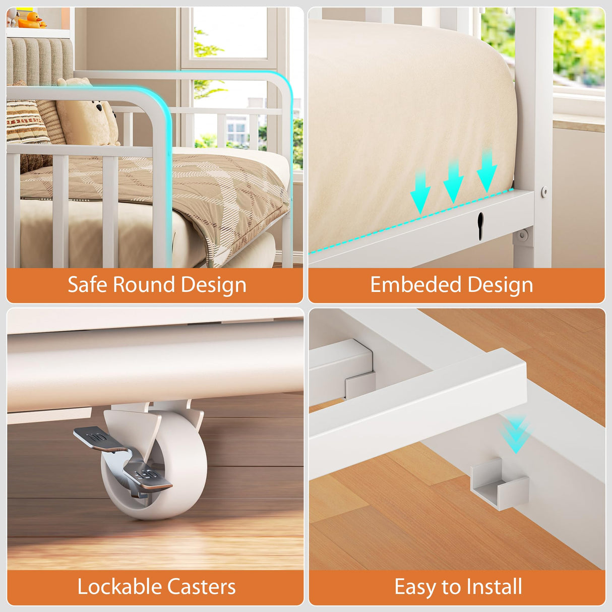 Daybed with Trundle and LED Light, Heavy Duty Metal Twin Bed Frame with Upholstered Storage Headboard & Charging Station, Day Bed Pop Up Trundle Bed Twin for Living Room,Bedroom and Guest Room, White Jocoevol