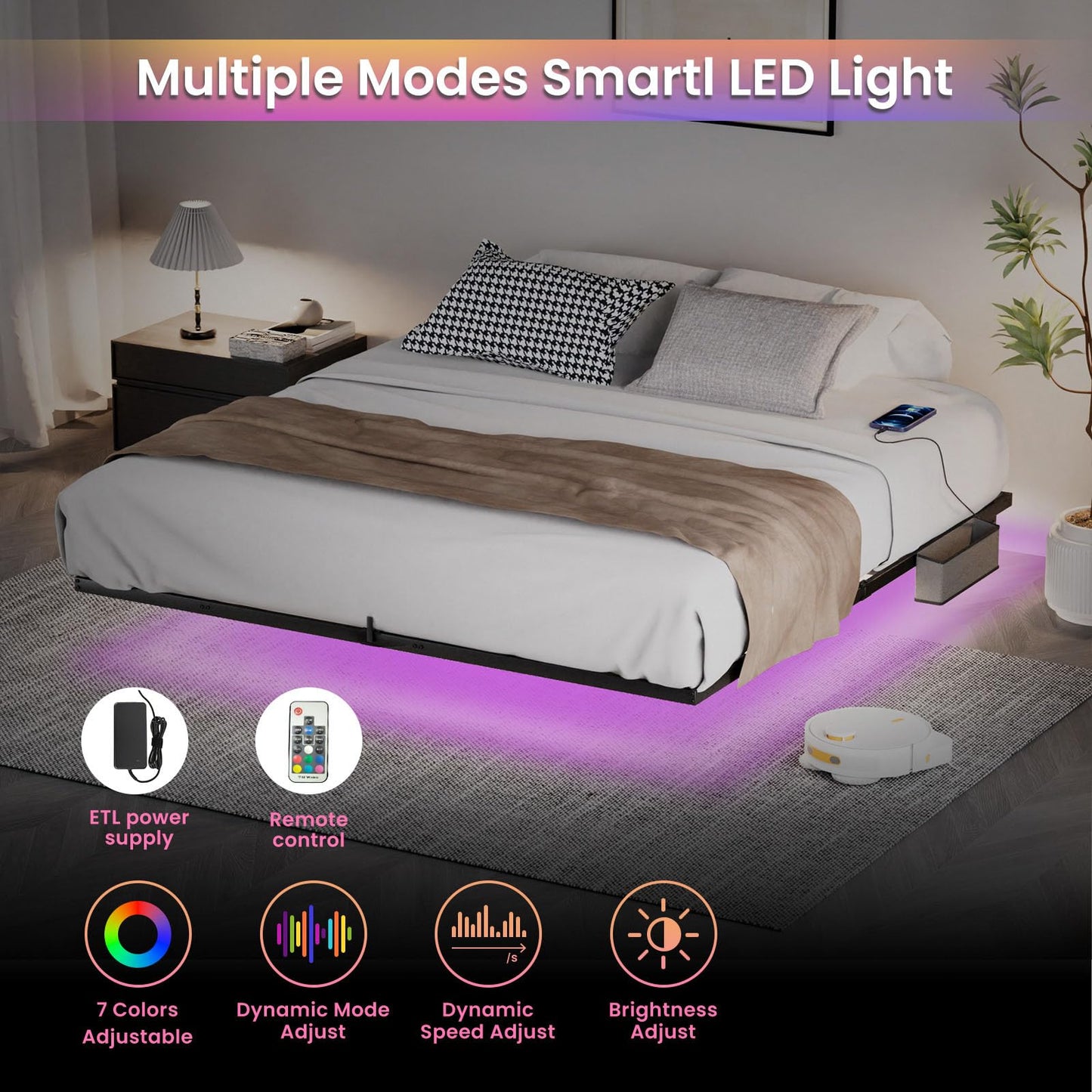 Mdhitsox King Floating Bed Frame with LED Lights, Charging Station & Storage Bag - WoodArtSupply