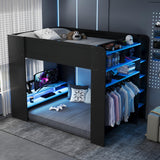 QVUUOU Full Size Gaming Bunk Bed with Desk and Wardrobe, Wood Loft Bed with RGB Lights, USB Charging, Cable Management and Ample Storage Drawers (Blue) QVUUOU