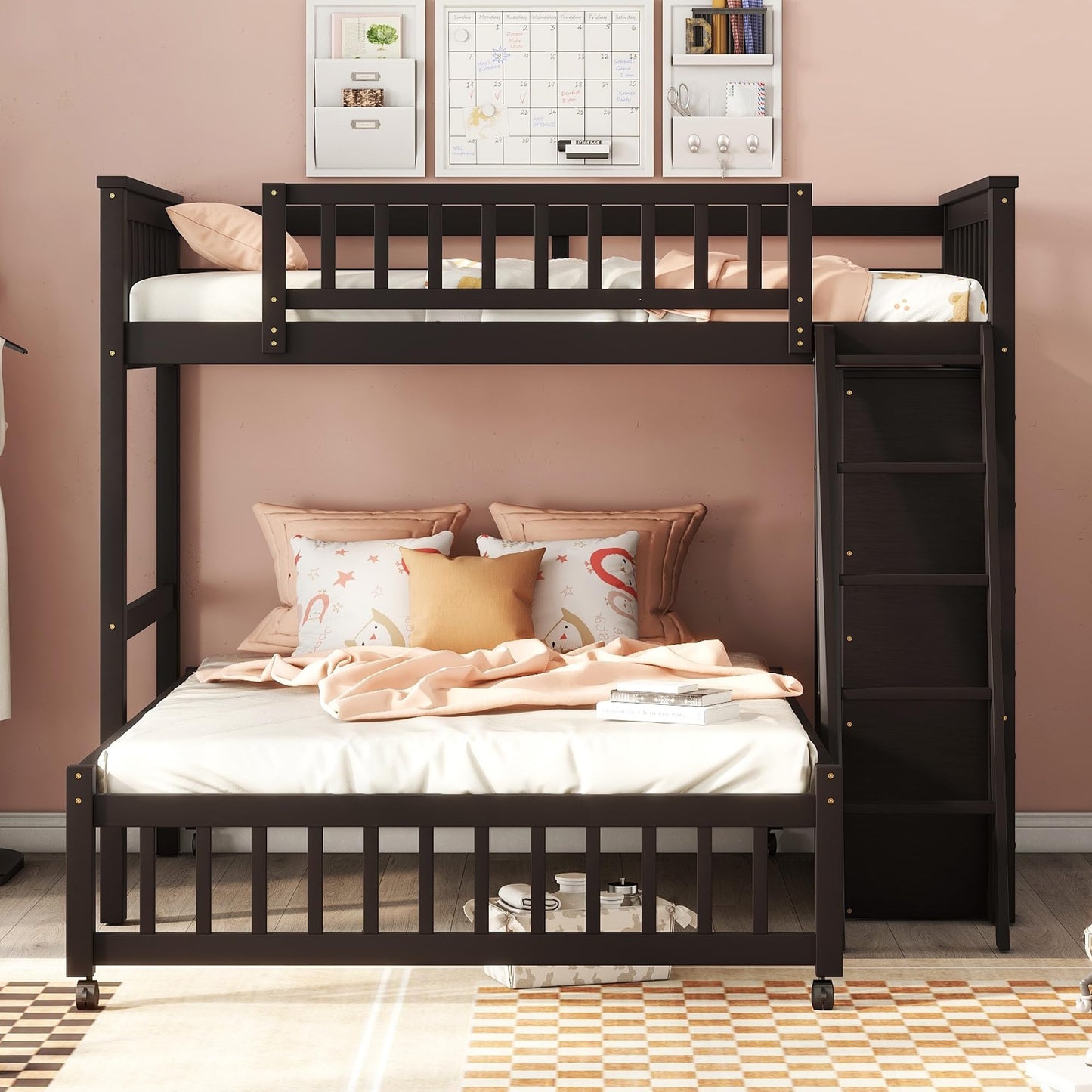 Harper & Bright Designs Twin Over Full Bunk Beds with Six Drawers and Flexible Shelves,Wooden Bunk Beds with Storage and Removable Bottom Bed for Kids Girls Boys,No Box Spring Needed (Espresso)