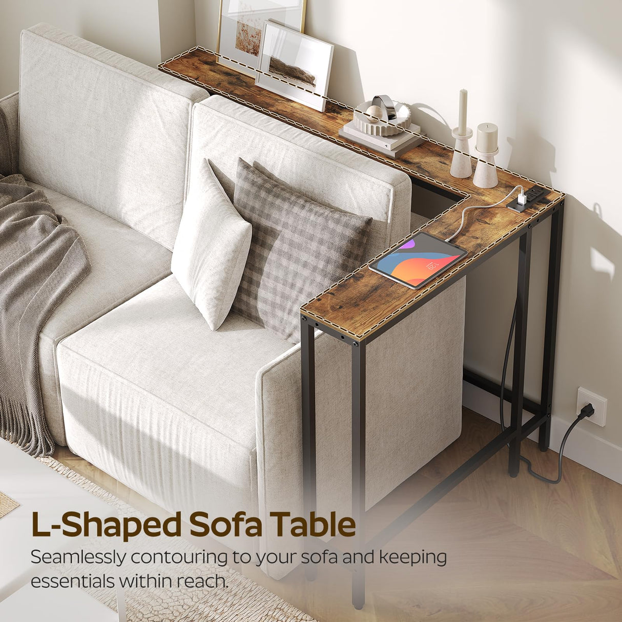 YATINEY L Shaped Console Table, 5.9" Long Narrow Sofa Table, Behind Couch Table, Entryway Table with 2 Outlets and 2 USB Ports, for Living Room, Hallway, 3 Assembly Options, Rustic Brown CT07UBR YATINEY
