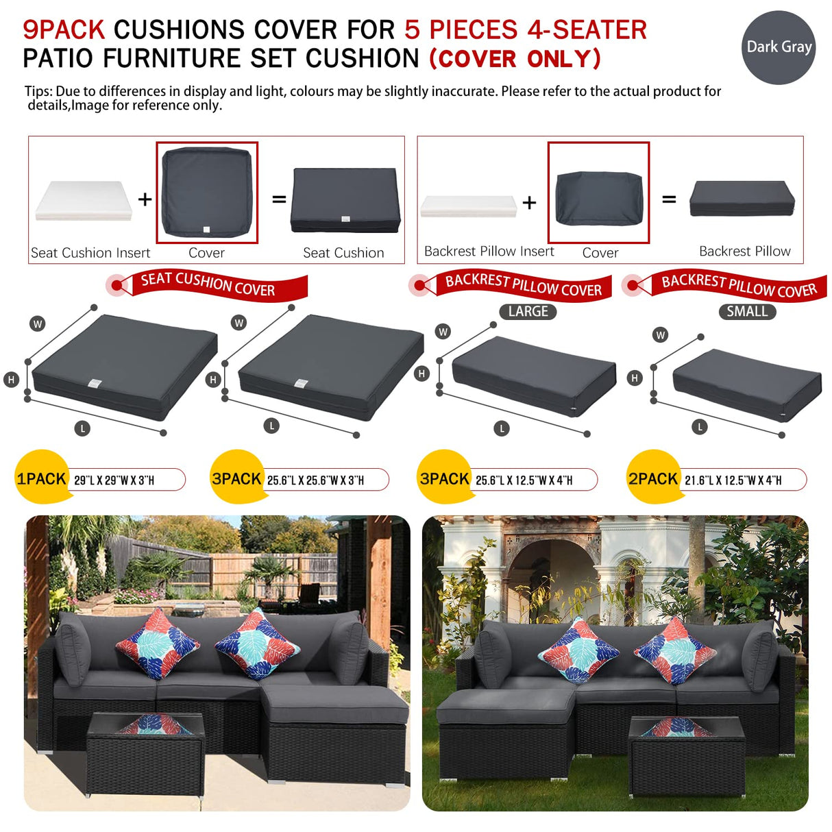 9 Pack Patio Cushion Covers Set Outdoor Furniture Cushion and Pillow Cover Replacement Fit for 5 Pieces 4-Seater Wicker Rattan Patio Sectional Sofa Chair Couch Set,Dark Gray-Cover Only (Large) ClawsCover
