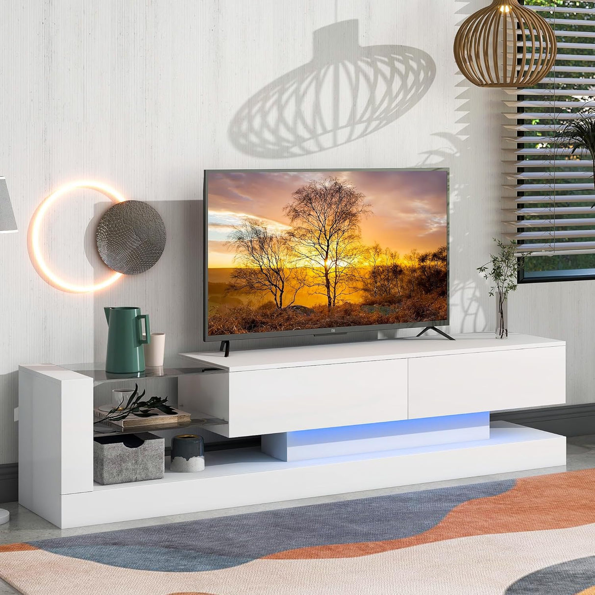BAMACAR Modern TV Stand for 80 Inch TV, White Led Light Entertainment Center with Storage, 80 75 70 Inch TV Stands for Living Room BAMACAR