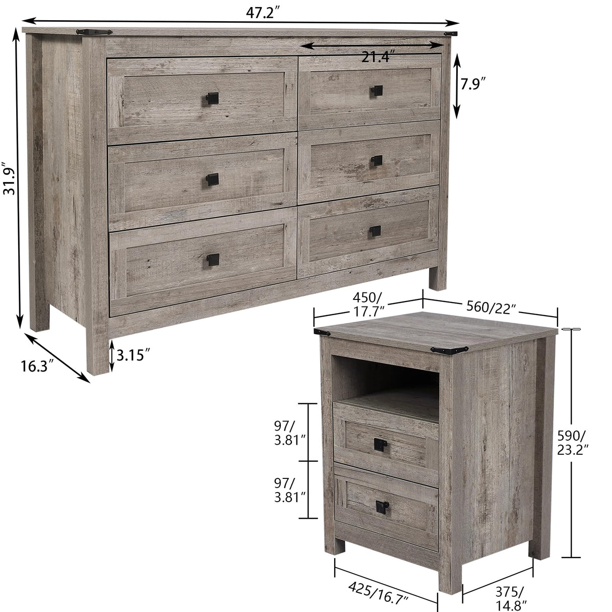 CATMIX Farmhouse Drawers Dresser, Wood Double Dresser Chest of Drawers Wide Storage Organizer Cabinet for Bedroom, Living Room (Rustic Grey, Combo Pack 6+2) CATMIX