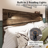 Jocisland King Size Farmhouse Bed Frame, 51" Headboard, LED Reading Lights, Rustic Wood Look, No Box Spring Needed, Rustic Gray Jocisland