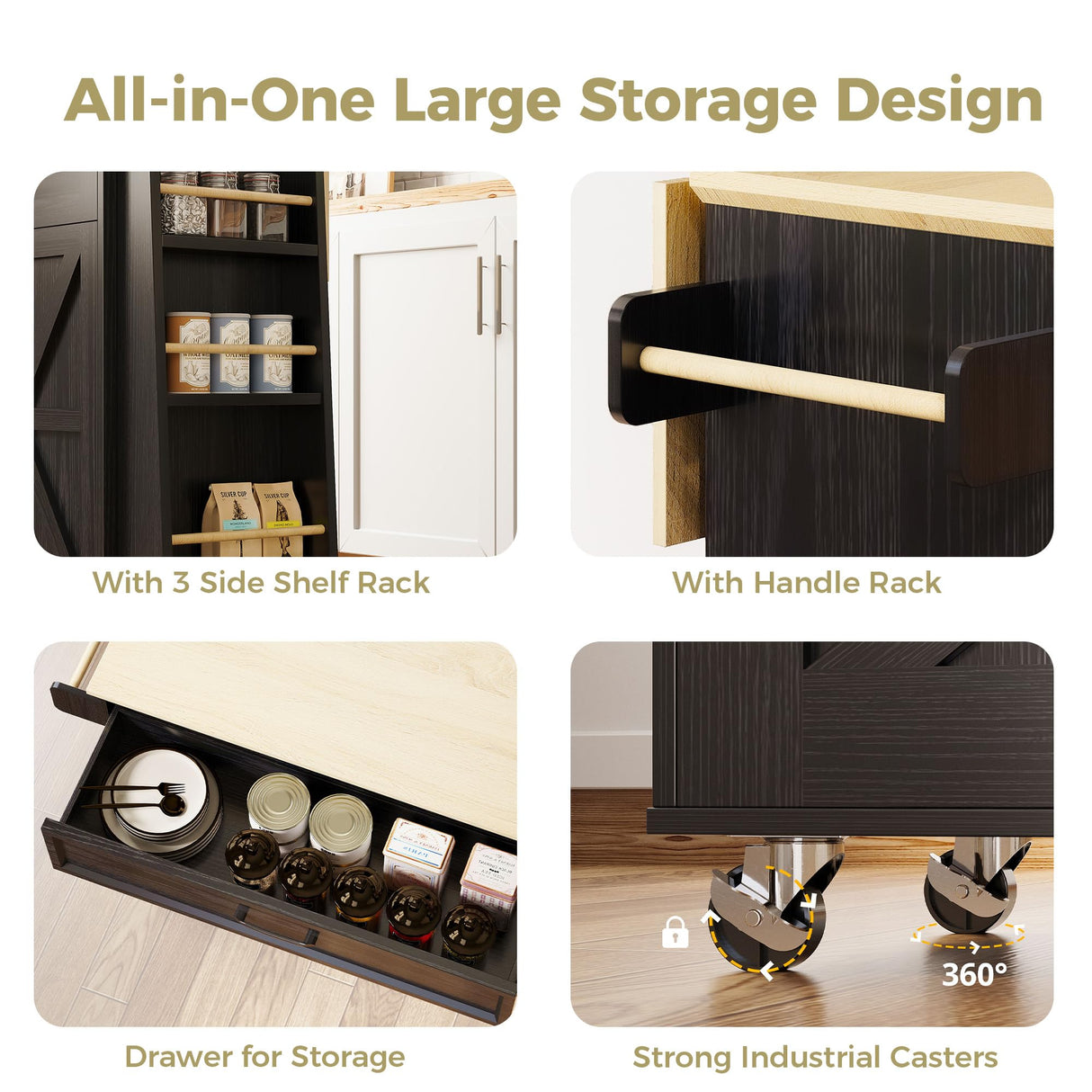 IRONCK Kitchen Island Cart with Storage, Rolling Kitchen Table with Power Outlet, Storage Cabinets on Wheels with Drop Leaf, Portable for Dining Room, Black IRONCK