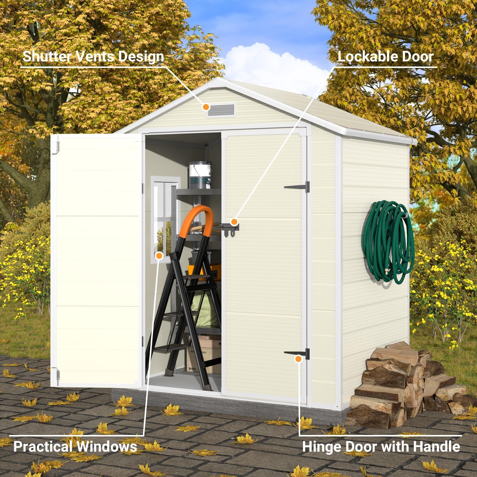 VONZOY Outdoor Storage Shed, 6x4.5 FT Resin Shed with Floor and Lockable Door, Window & Vents, Waterproof Tool Sheds & Outdoor Storage for Bike, Garbage Cans,Garden Accessories, Sandstone - WoodArtSupply