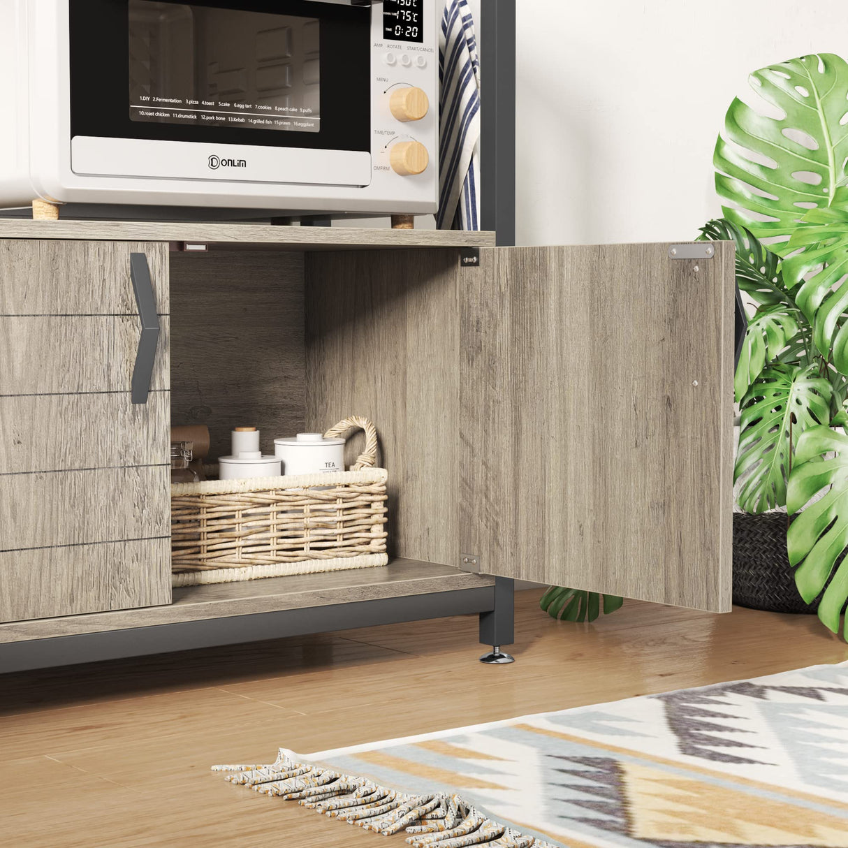 Bestier Adjustable Height Microwave Stand with Storage Cabinet and Wheels - Industrial Coffee Bar Shelf in Grey Wash Bestier