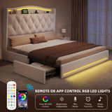 YITAHOME Queen Size Bed Frame with 4 Storage Drawers and RGB LED Lights, 57'' Tall Headboard Velvet Upholstered Bed with Charging Station, No Box Spring Needed, Easy Assembly, Noise-Free, White YITAHOME