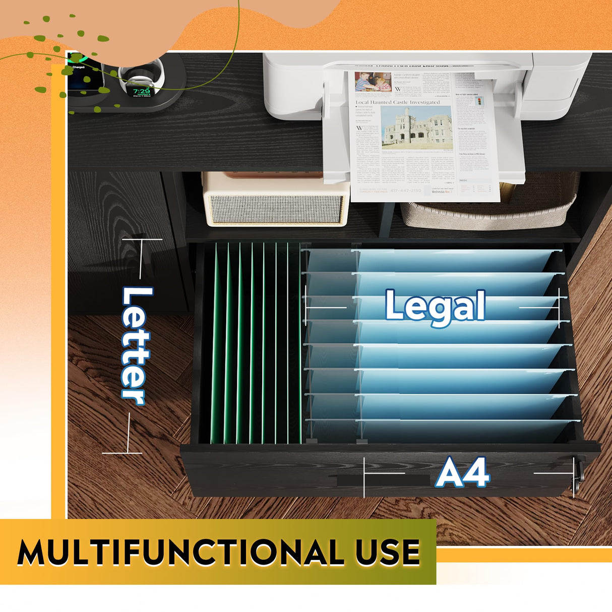 DEVAISE File Cabinet with Charging Station, 1-Drawer Lateral File Cabinets with Lock for Home Office, Wooden Rolling Printer Stand with Shelves, Black DEVAISE