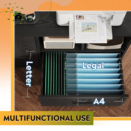 DEVAISE File Cabinet with Charging Station, 1-Drawer Lateral File Cabinets with Lock for Home Office, Wooden Rolling Printer Stand with Shelves, Black DEVAISE