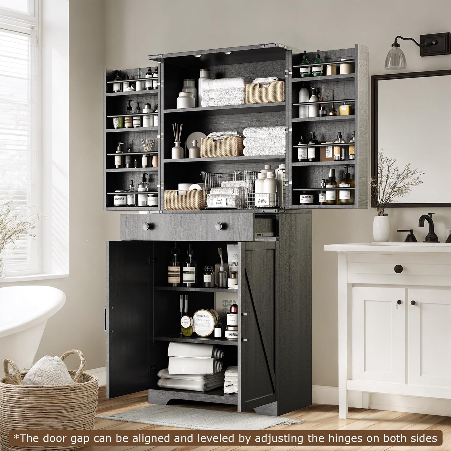 Teekyooly 72" Tall Farmhouse Kitchen Pantry Cabinet, Large Storage Cabinet with 6 Adjustable Shelves, 4 Barn Doors & Drawer for Bathroom, Dining Room, Black