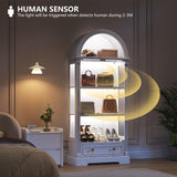 Lighted Display Cabinet with Glass Doors, 72" Tall Curio Cabinet - 4 Tier Display Case with Human Sensor Lights, Bookcase for Collectibles Toys Books, White Dystler