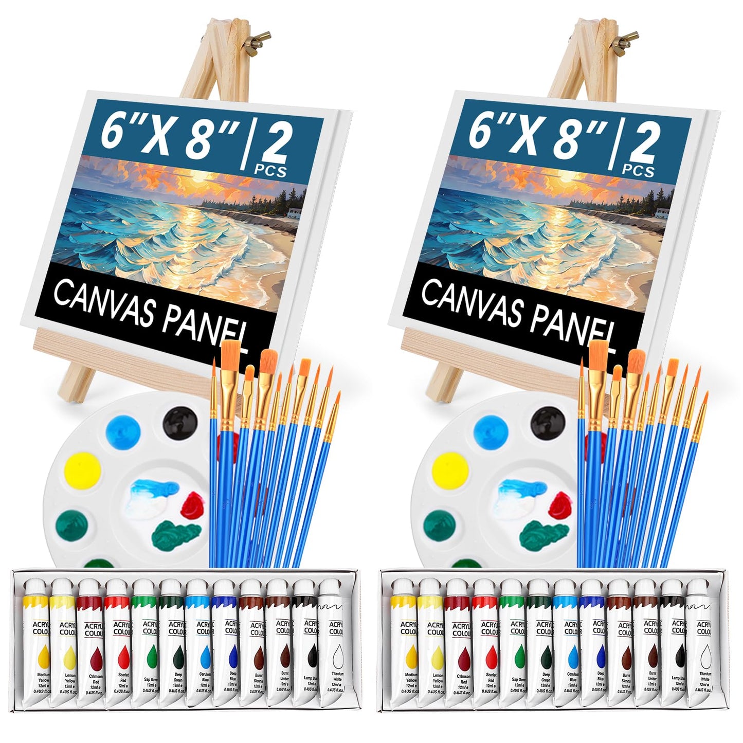 ESRICH 52PCS Acrylic Paint Set, Painting Supplies with 2*12 color acrylic paint (12 ml), 20 brushes, 4 boards, 2 wooden frames, 2 plates, Acrylic Painting Kits for Kids, Adults, Artists and Beginners