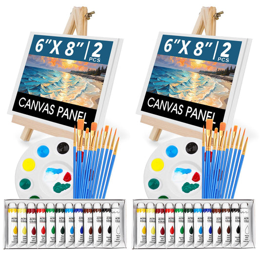 ESRICH 52PCS Acrylic Paint Set, Painting Supplies with 2*12 color acrylic paint (12 ml), 20 brushes, 4 boards, 2 wooden frames, 2 plates, Acrylic Painting Kits for Kids, Adults, Artists and Beginners