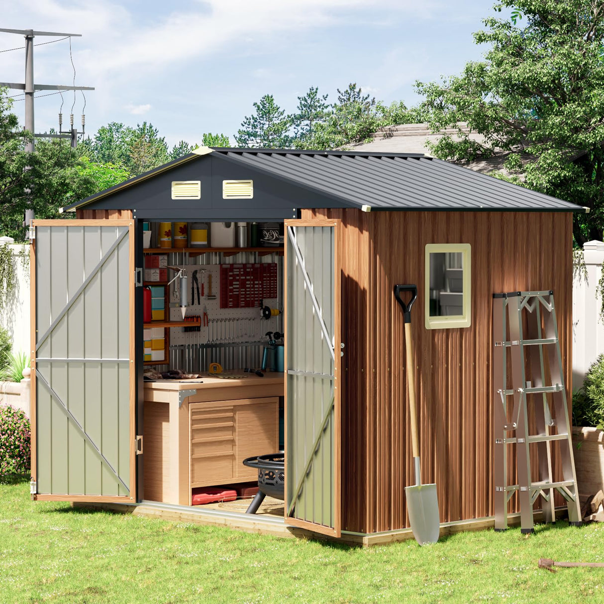 Florise 8x6 Ft Storage Shed, Large Outdoor Shed with Window, Lockable Doors, Outside Steel Shed for Garden, Backyard, Lawn, Patio Utility, Tool Storage Florise