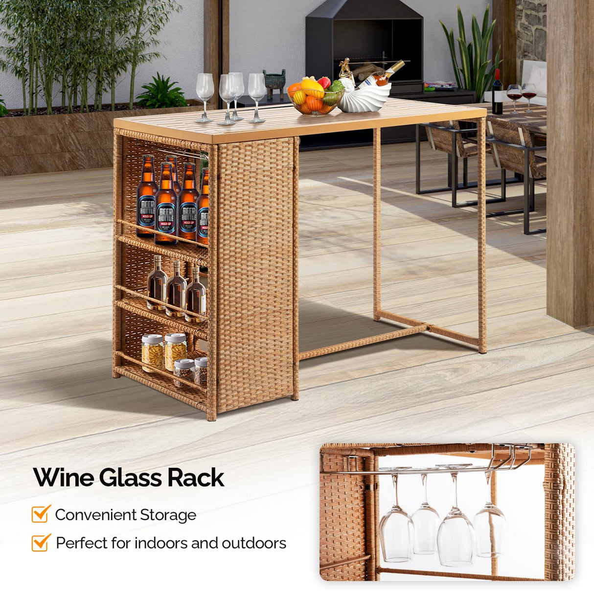 VINGLI 5 Piece Patio Wicker Bar Set, Outdoor Bar Height Table & 4 Rattan Bar Stool Chairs Outdoor Dining Bistro Set for Backyard, Balcony, Garden and Poolside VINGLI