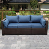 Rattaner 3-Seat Patio Wicker Sofa, Outdoor Rattan Couch Furniture Steel Frame with Furniture Cover and Deep Seat High Back, Blue Anti-Slip Cushion. Rattaner
