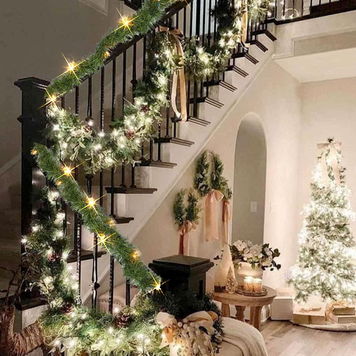 Dazzle Bright 15 FT Artificial Christmas Garland, Pre-Lit 35 Count Mini String Lights Plug in Xmas Garland, Lighted Christmas Decoration for Indoor Holiday Door Home Stairs Decor Dazzle Bright