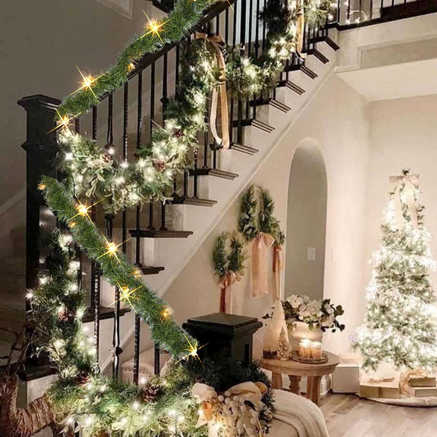 Dazzle Bright 15 FT Artificial Christmas Garland, Pre-Lit 35 Count Mini String Lights Plug in Xmas Garland, Lighted Christmas Decoration for Indoor Holiday Door Home Stairs Decor