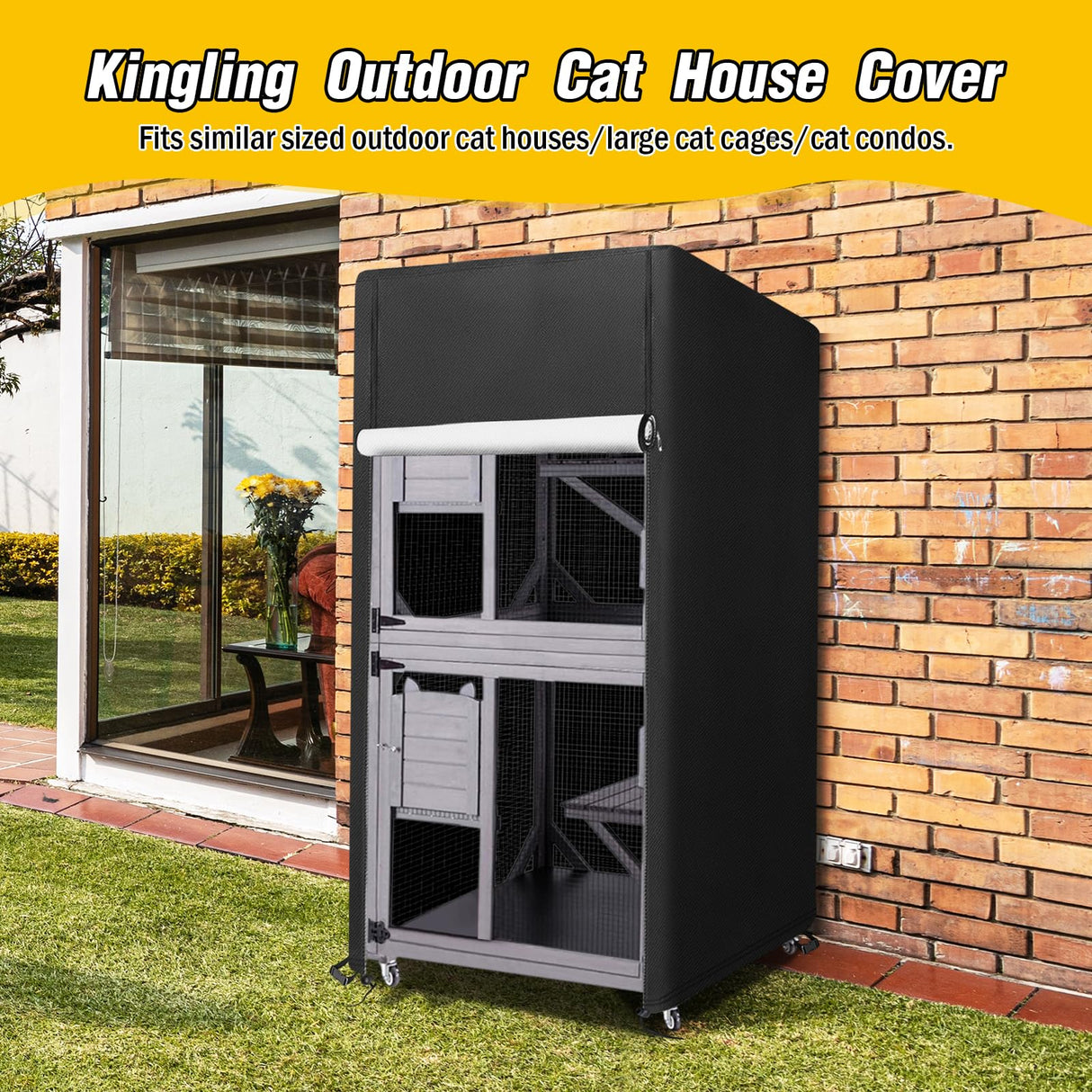 Kingling Outdoor Cat House Cover 25 Inch，Waterproof Catio Covers for 4 Tier Catio Outdoor Cat Enclosure with Wheels Weatherproof Cat Houses Cover for Outsides- 25" L x 25" W x 62" H(Black) Kingling