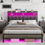 AMERLIFE Queen Size Bed Frame with RGB Lights & Charging Station, LED Bed Frame with Storage Headboard Linen Upholstered, Heavy Duty Metal Slats, No Box Spring Needed, Rustic Grey AMERLIFE