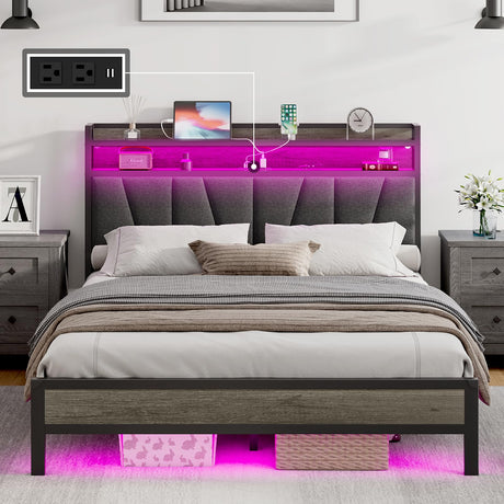 AMERLIFE Queen Size Bed Frame with RGB Lights & Charging Station, LED Bed Frame with Storage Headboard Linen Upholstered, Heavy Duty Metal Slats, No Box Spring Needed, Rustic Grey AMERLIFE
