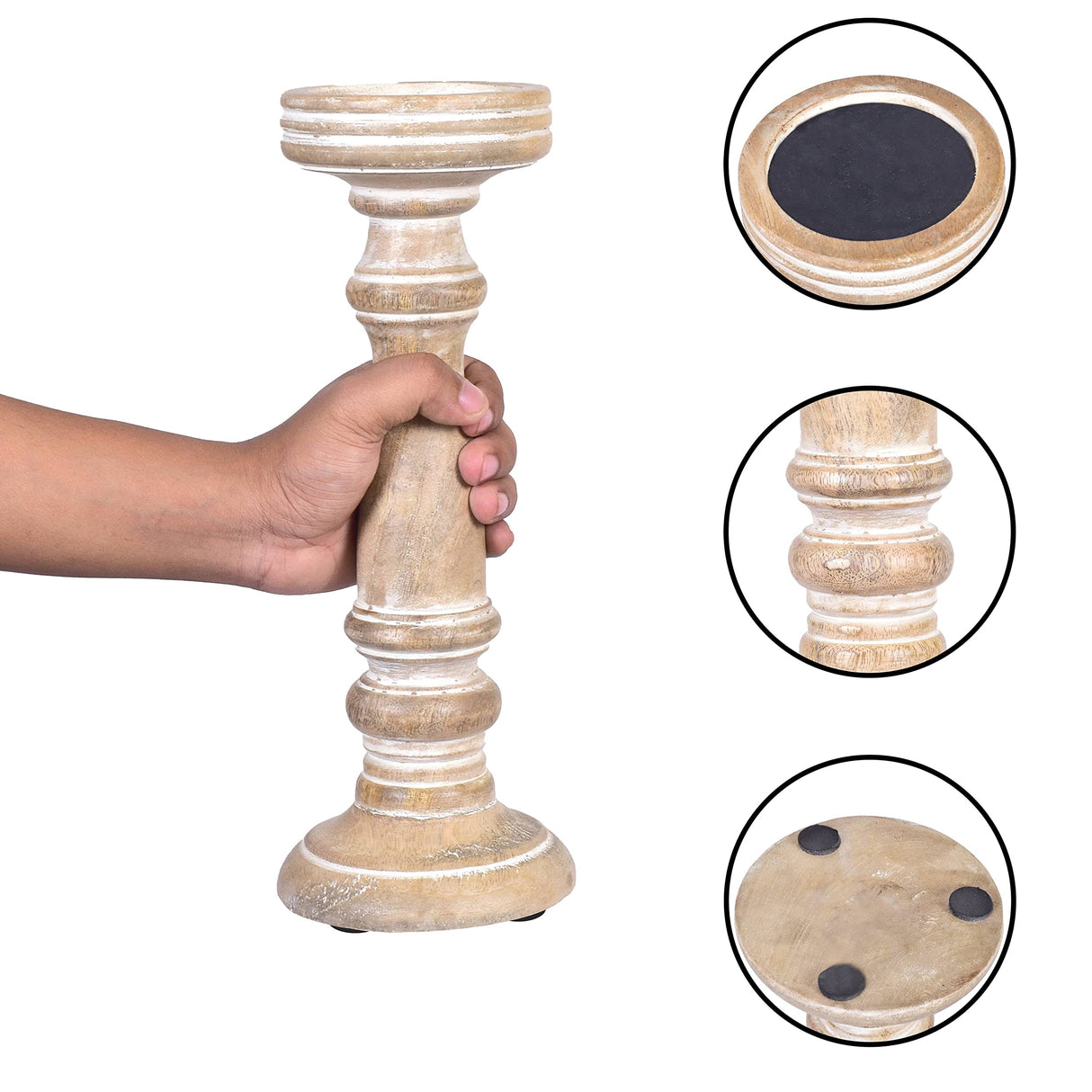 Mela Artisans Whitewashed Hand Carved Wooden Pillar Candle Holders - Set of 3 | Chennai Decorative Style | Crafted from Mango Wood | Rustic Table Centerpiece Decor | Sized 6", 9" and 12" Mela Artisans