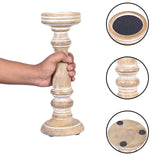 Mela Artisans Whitewashed Hand Carved Wooden Pillar Candle Holders - Set of 3 | Chennai Decorative Style | Crafted from Mango Wood | Rustic Table Centerpiece Decor | Sized 6", 9" and 12" Mela Artisans