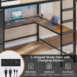 DICTAC Full Loft Bed with L-Shaped Desk and 7 Storage Drawers,Metal Full Size Loft Bed for Teen with LED Lights and Charging Station,13.11" H Safety Guardrail and Ladder,No Box Spring Needed, Black DICTAC